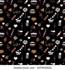 Vector. Candies on seamless background. Watercolor illustration on black, brown and white colors.