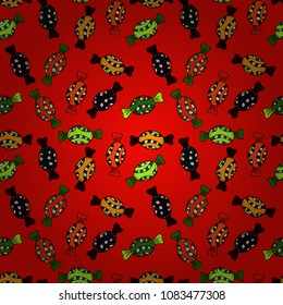 Vector. Candies on seamless background. Watercolor illustration on red, black, green, brown and yellow colors.