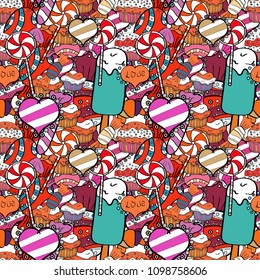 Vector. Candies on seamless background. Watercolor illustration on white, black and red colors.