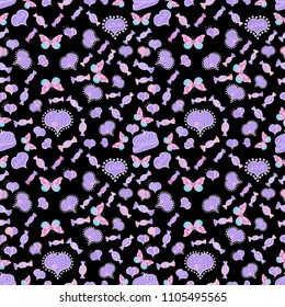 Vector. Candies on seamless background. Watercolor illustration on black, violet and neutral colors.