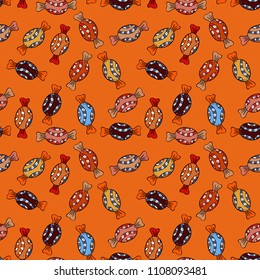 Vector. Candies on seamless background. Watercolor illustration on orange, black and brown colors.
