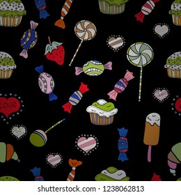 Vector. Candies on seamless background. Watercolor illustration on black, white and neutral colors.