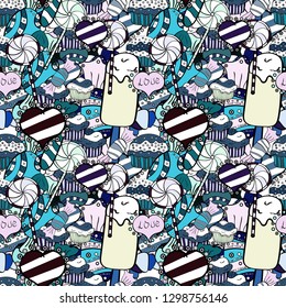 Vector. Candies on seamless background. Watercolor illustration on white, neutral and blue colors.