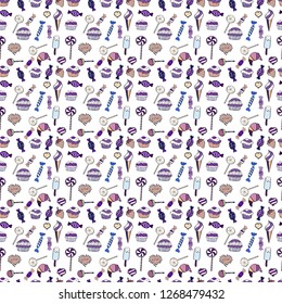 Vector. Candies on white, neutral and violet colors. Cute cartoon colorful seamless vector pattern with candies and cotton candy.