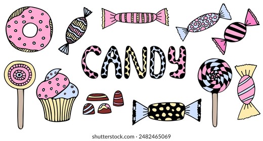 Vector candies set in colored doodle style clipart. Cute candy in wrapper,lollipop, cupcake,donut.Hand drawn candies for greeting card design, fabric,decorative stickers. Isolated on white background.