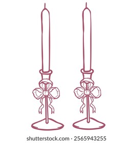 Vector Candle with Bow. Line Art Illustration.