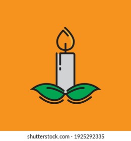 Vector candle burning with two leaves underneath which is modern and looks relaxing
