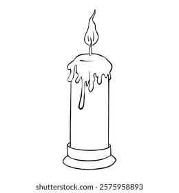 Vector Candle in the candlestick. Hand drawn outline illustration with wax candlelight with flame Christmas or birthday design Simple contour drawing for icon or logo in monochrome