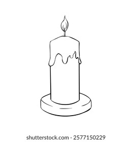 Vector Candle in the candlestick. Hand drawn outline illustration with wax candlelight with flame Christmas or birthday design . Linear home decor Cozy object for aromatherapy in black and white