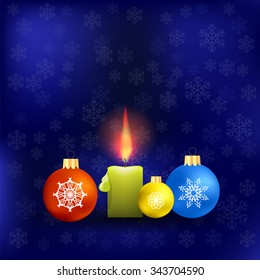 Vector Candle and Colorful Glass Balls Isolated on Blue Snowflakes Background. Winter Pattern.