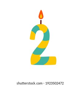 Vector candle in the form of the number two for the cake. Hand drawing of the number 2 in turquoise yellow at the top with a burning wick on a white background. Birthday illustration
