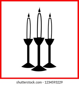 Vector candle icon isolated on white background. Three lit candles on a candlestick. Black silhouette, drawing, illustration, flat, symbol.