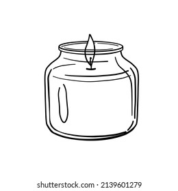 Vector candle illustration - black and white linear sketch. Candle in glass jar. 