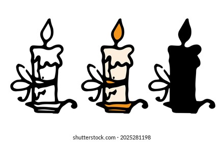 A vector candle is lit in a candlestick. a painted set in the doodle style is a wax candle with a bow, with an orange fire on a candlestick with a handle. isolated silhouette and contour black