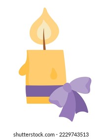 vela vectorial con cinta púrpura y arco aislado sobre fondo blanco. Bonita ilustración navideña o nupcial. Año nuevo o símbolo de matrimonio

