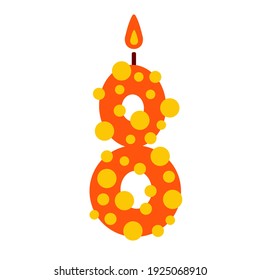 A vector candle in the shape of the number 8 on a white background is isolated. Illustration of candles on birthday