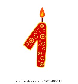 Vector candle in the shape of the number one. Hand drawing of a candle with a sign 1 for a birthday cake. The illustration can be used for a birthday design
