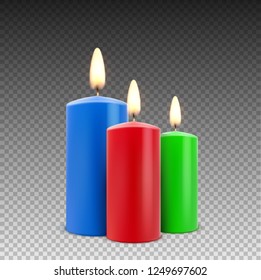 Vector candle wax isolated decoration. Candlelight flame for celebration. Glowing realistic candle light on transparent.