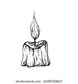 Vector candle with wick and wax. Hand painted linear candlelight illustration style for Christmas or birthday design. Graphic monochrome sketch isolated on background. For designers, prints, logo