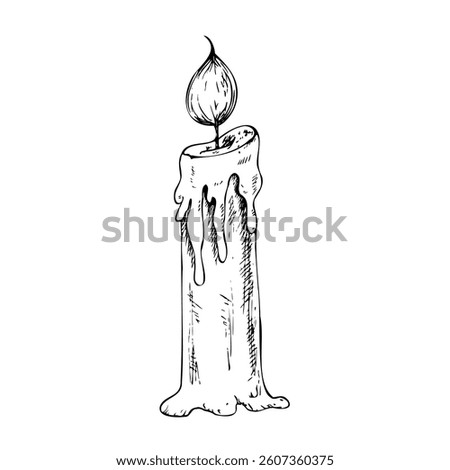 Vector candle with wick and wax. Hand painted linear candlelight illustration style for Christmas or birthday design. Graphic monochrome sketch isolated on background. For designers, prints, logo