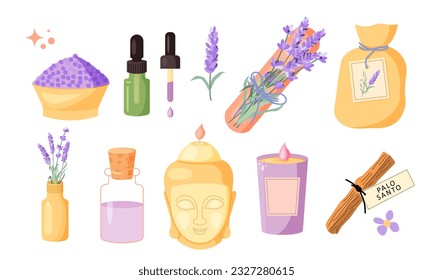 Vektorkerzen und Aromatherapie-Werkzeuge und Lavendel-Set. Lavendel, Salz, Öl, Palo Santo und Kerzen Buddha. Vektorgrafik