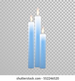 Vector candles with burning flames of blue wax paraffin on transparent background. Aromatherapy element design
