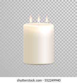 Vector candles with burning flames of wax paraffin on transparent background. Vector 3D realistic isolated decoration white or beige element design