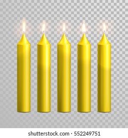 Vector candles with burning flames of yellow wax paraffin with burning flames on transparent background. Wedding decoration white or beige element design