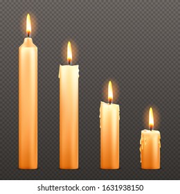 Vector candles with flame isolated on transparent background. Realistic burning wax candles with fire from tall to small size. Festive glow, birthday or christmas dinner decoration