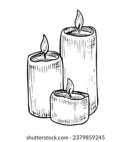 Vector Candles on isolated background. Hand drawn vector of wax Candlelight for Xmas greeting cards or party invitation. Linear home decor. Cozy object for aromatherapy in black and white colors