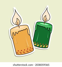 Vector candles sticker. Two burned candles with leaves and dots.