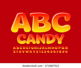 Vector Candy Alphabet. Glossy Red and Yellow Font. Creative bright Letters and Numbers