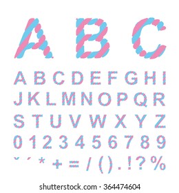 Vector Candy Alphabet - typography with blue and pink stripes texture. Eps 10.