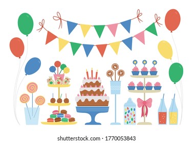 Vector candy bar. Cute bright birthday meal with cake, candles, cupcakes, cake pops, jelly beans, flags. 
Funny dessert illustration for card, poster, print design. Bright holiday concept for kids. 
