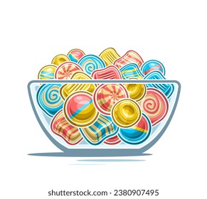 Vector Candy Bowl, decorative poster with outline illustration of multi colored candy composition, sweet print with cartoon design hard candies and bubble gums in transparent dish on white background