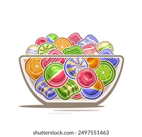 Vektor Candy Bowl, dekoratives Poster mit Umrissgrafik mehrfarbiger Bonbonkomposition, süßer Druck mit Cartoon-Design, harten Bonbons und Kaugummis in transparenter Schale auf weißem Hintergrund