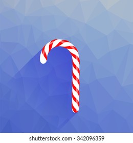 Vector Candy Cane Icon Isolated on Blue Polygonal Background
