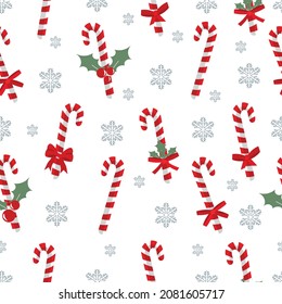 Vector Candy Canes and now Flakes Seamless Pattern Holiday new year and Christmas concept Decorations textured background Can be used as wallpaper, gift wrapping paper, card or banner template or else