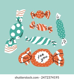 Vector candy collection. Wrapped candies on mint background. Stylish sweet greeting card or kids poster. Sweet food clip art