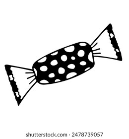 Vektorgrafik Süßigkeiten im Doodle-Stil Clipart. Süße Süßigkeiten in Verpackung mit Punkten. Handgezeichnete Süßigkeiten für Grußkarten-Design, Stoff, dekorative Aufkleber. Isoliert auf weißem Hintergrund.