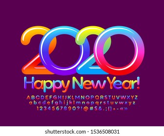Vector candy greeting card Happy New Year 2020! Color gradient Font. Bright glossy Alphabet Letters, Numbers and Symbols