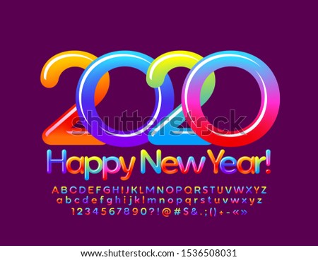 Vector candy greeting card Happy New Year 2020! Color gradient Font. Bright glossy Alphabet Letters, Numbers and Symbols