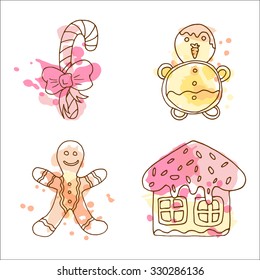 Vector candy illustration. Set of 4 hand drawn christmas sweets with colorful splashes. Xmas cookies with cream design.  Cookie man and ginger house. 