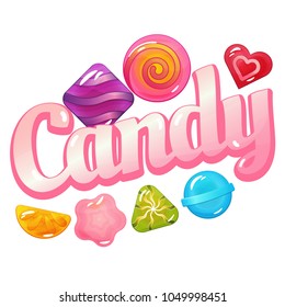 Vector candy logo with sweet candies, jelly and lollipop