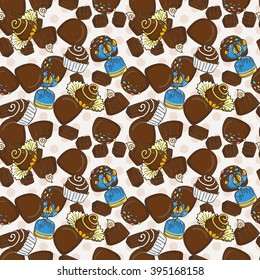 Vector Candy and Lollipop Seamless Pattern. Sweet Party Texture. Chocolate truffles.