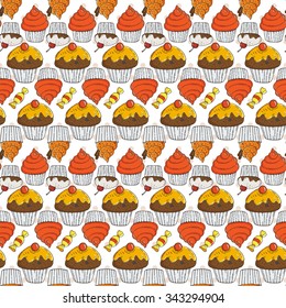 Vector Candy and Muffins Seamless Pattern. Cakes, Sweets, Bows.