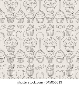 Vector Candy and Muffins Seamless Pattern. Cakes, Sweets, Bows.