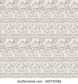 Vector Candy and Muffins Seamless Pattern. Cakes, Sweets, Bows.