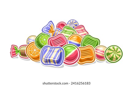 Vector Candy Pile, decorative horizontal poster with outline illustration of multi colored candy still life, sweet print with cartoon design hard candies and bubble gums in foil cellophane package