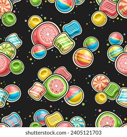 Vector Candy Seamless Pattern, repeat background with illustrations of various multi colored fruit candies and bubble gums for child bed linen or wrapping paper, placard with flying flat lay candy mix